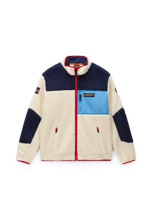 Giacca in pile con pannelli crema e blu navy, rifinitura della cerniera rossa, tasca sul petto azzurro chiaro e tasche laterali con cerniera, distesa piatta.