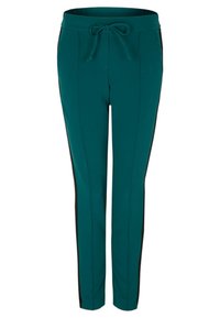 Tegengels met een trekkoord in de taille, met zwarte zijkanten, een taps toelopende pasvorm en een gladde textuur, geschikt voor sportkleding.