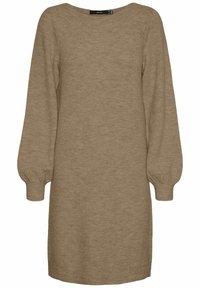 Robe en tricot marron clair, dotée d'un col rond et de manches ballon. Le tissu semble doux avec une texture lisse et une coupe décontractée.