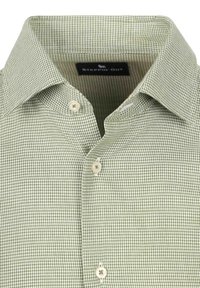 Geknoopt lichtgroen en wit houndstooth-patroon overhemd met een spread collar en crème knopen, merk Steppin' Out.