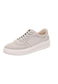 Šedé semišové tenisky s bílou gumovou podrážkou, kulatou špičkou, šněrováním v přední části, polstrovaným límcem a nenápadnými bočními detaily. Hladká textura a neformální design.