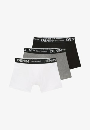 Tre par herre boxershorts: hvid, grå og sort. Hver har en blød elastisk talje med "DENIM TOM TAILOR" trykt i hvid.