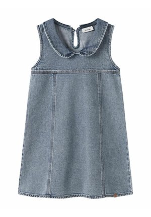 Ærmeløs blå denimkjole med rund krave og knappeåbning bagpå, egnet til små børn.