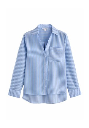 Blue and white vertically striped long-sleeve button-up shirt with collar and chest pocket, laid flat on white background.