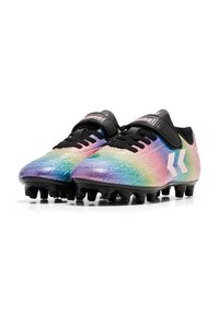 Scarpe da football colorate arcobaleno con una texture lucida, lacci neri e una striscia in velcro. Presentano accentuazioni bianche prominenti con il logo sui lati.