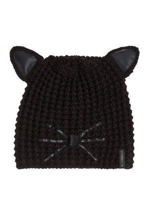 Black knitted beanie featuring cat ears, leather accents, and whisker details. Textured fabric with a soft appearance, adjustable fit.