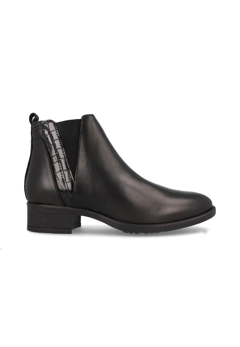 Botas de cuero negro hasta el tobillo con un bajo tacón cuadrado, paneles laterales elásticos y un acento texturizado en la parte posterior. Acabado liso, diseño elegante.