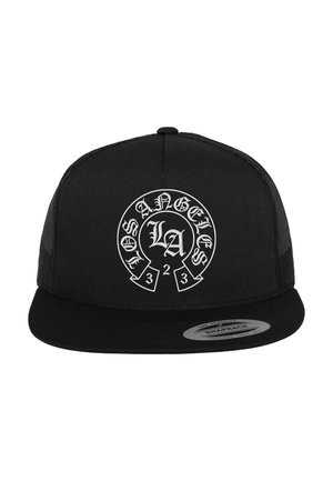 Czarna czapka snapback z siateczkowym tyłem, z białym wzorem podkowy i tekstem "Los Angeles LA 123" na przednim panelu.