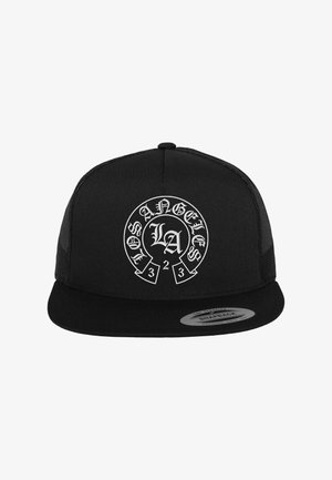 Czarna czapka snapback z siateczkowym tyłem, z białym wzorem podkowy i tekstem "Los Angeles LA 123" na przednim panelu.