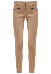 Pantalon beige ajusté avec des coutures verticales devant, deux poches zippées horizontales près de la taille, fermeture par bouton et passants pour ceinture.