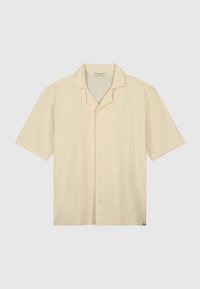 Korte mouwen overhemd met knopen in lichtbeige, voorzien van een gestructureerde stof, een camp collar en vijf knopen aan de voorkant. Inclusief subtiel geweven patroon.