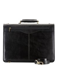 Černá kožená aktovka s úzkým obdélníkovým tvarem, horním držadlem, přední kapsou na zip a nastavitelným ramenním popruhem.