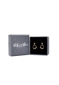 Guldörhängen med sfäriska accenter som visas i en grå låda med svart inredning. Lådan har logotypen "Sofia Milani Jewels".