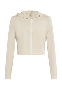 Felpa cropped con zip di colore beige chiaro, realizzata in tessuto liscio ed elastico. Presenta un cappuccio e maniche lunghe senza motivi o accentuazioni visibili.
