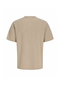 T-shirt beige texturé à manches courtes avec encolure ronde, montré de dos sur fond blanc.