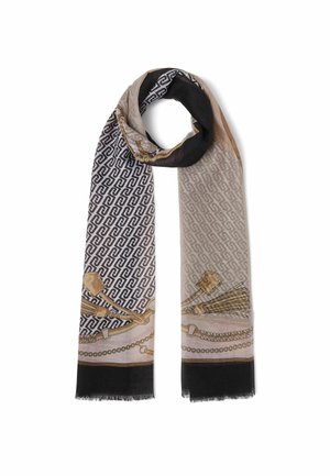 Sciarpa lunga rettangolare con sezioni beige e nere, motivi a catena e nappine, e un motivo geometrico ripetuto su tutta la superficie.