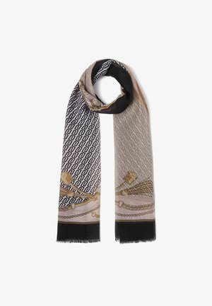 Sciarpa lunga rettangolare con sezioni beige e nere, motivi a catena e nappine, e un motivo geometrico ripetuto su tutta la superficie.