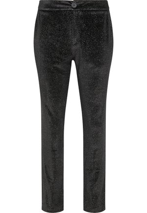 Black trousers with a fitted design, featuring a subtle sheen, small textured dots, and a single button closure at the waist.