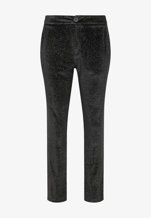 Fekete nadrág, testhezálló fazonnal, finom fényű, apró textúrázott pöttyökkel és egy gombbal záródó derékrésszel.