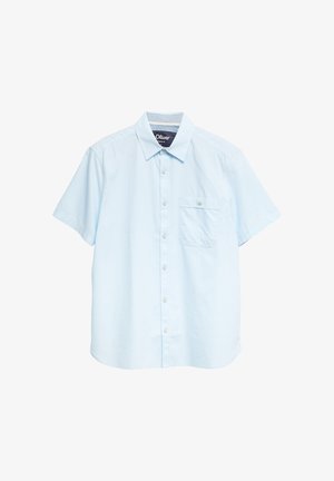 Chemise bleu clair à manches courtes avec boutons, col et une seule poche poitrine boutonnée.