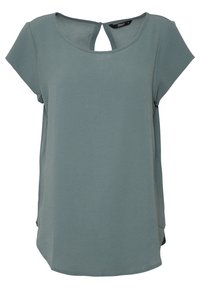 Blusa corta a maniche corte blu-verde con scollo rotondo, dettaglio a chiave con chiusura a bottone sul retro e tessuto leggermente strutturato.