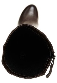 Brun läderstövel med en slät yta, spetsig tå och en mjuk svart insida, med dragkedja och texturerade detaljer på sidan.