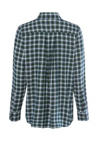 Camicia di flanella a maniche lunghe con un motivo a quadri blu, verde e bianco, con una piega sul retro e polsini con bottone.