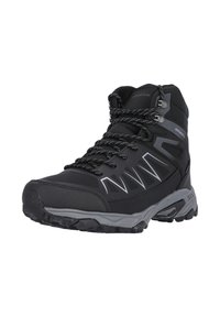 Botte de randonnée noire avec une cheville haute, dessus en synthétique texturé, accents gris, devant à lacets, et semelle robuste pour l'adhérence.