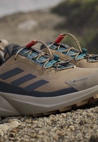 Beżowe buty hikingowe GORE-TEX z teksturowaną cholewką, niebieskimi akcentami i czarnymi paskami. Posiadają wytrzymałą podeszwę oraz regulowany system sznurowania.