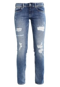 Siniset farkut slim fit -mallilla, joissa on kuluneita kohtia, vaaleaa haalistumista ja perinteinen viisi taskua -suunnittelu. Näkyvät ompeleet korostavat ilmettä.