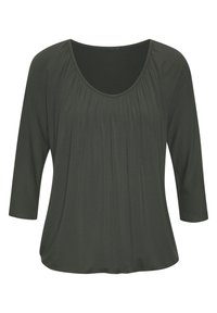 Tume roheline 3/4-sleeve särk ümarate kraega ja ees kogutud detailidega. Sile kangas ja mugav lõige.