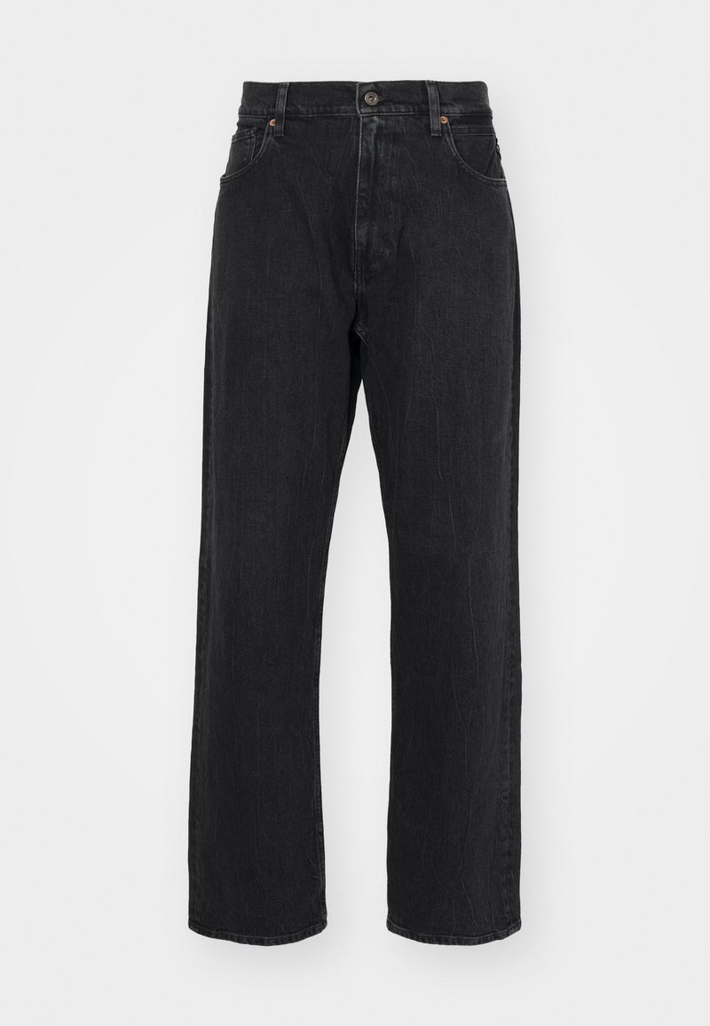 Schwarze Jeans aus Denim mit geradem Schnitt, ausgestattet mit einem normalen Bund, Fünf-Taschen-Design und dezenten Nähten.