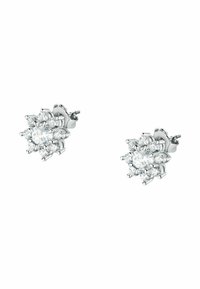 Orecchini a stud in argento con un design floreale, caratterizzati da una pietra centrale rotonda circondata da pietre rotonde più piccole, creando un effetto scintillante.