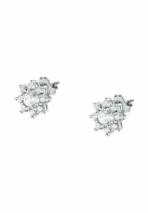 Orecchini a stud in argento con un design floreale, caratterizzati da una pietra centrale rotonda circondata da pietre rotonde più piccole, creando un effetto scintillante.