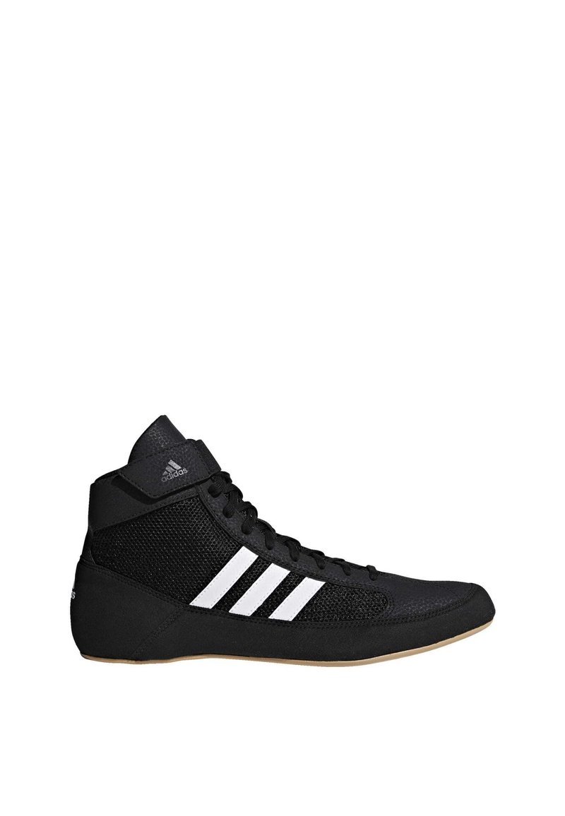 Black high-top athletic shoe with mesh panels, white striped accents, reinforced heel, and a rubber sole. Designed for performance and support.