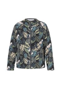 Giacca con motivo floreale su sfondo nero, caratterizzata da foglie verdi e blu, chiusura con zip e cappuccio per una maggiore copertura.
