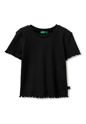 Schwarzes, kurzärmeliges, geripptes Strickshirt mit wellenförmigen Abschlüssen an den Ärmeln und am Saum, Rundhalsausschnitt und grünem United Colors of Benetton-Label.