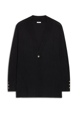 Black long-sleeve cardigan with deep V-neck, single center button, and three small buttons on each cuff, displayed on a white background.