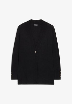 Un cardigan noir à manches longues avec un décolleté en V profond, un bouton central unique et trois petits boutons sur chaque poignet, présenté sur un fond blanc.