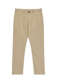 Beige cotton trousers with a flat front, side pockets, and a button closure. Features stitching accents and a straight leg design.