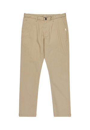 Beige cotton trousers with a flat front, side pockets, and a button closure. Features stitching accents and a straight leg design.