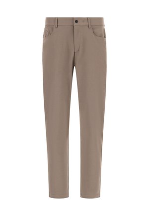 Pantaloni beige con frontale liscio, due tasche laterali e chiusura con bottone. Il tessuto è morbido e presenta un design slim-fit sartoriale.