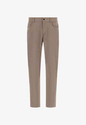 Beige Hose mit flachem Bund, zwei Seitentaschen und Knopfverschluss. Der Stoff ist glatt und hat ein tailliertes, schlankes Design.