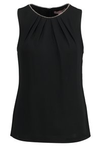 Blouse noire sans manches avec un design plissé et un accent métallique décoratif le long de l'encolure. Tissu lisse et léger avec un ourlet droit.