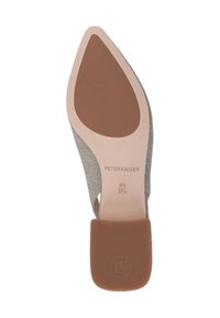 Podeszwa błyszczącego buta na szpilce z kwadratowym brązowym obcasem, oznaczonego "Peter Kaiser" w rozmiarze 4½ (37½).