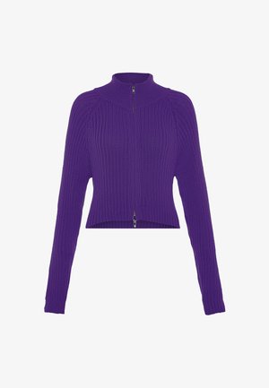 Purple ribbed knit cropped sweater with long sleeves and a front zipper extending from neck to hem.