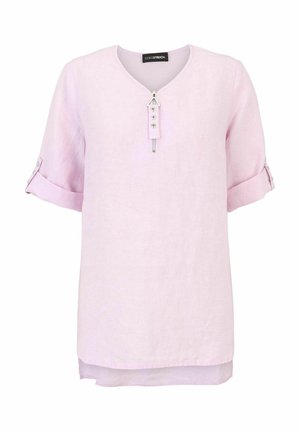 Helles rosa Leinen-Tunika mit V-Ausschnitt, kurzen aufgerollten Ärmeln, dekorativem Reißverschluss und Knopfdetails am Ausschnitt. Glatte Textur.