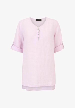 Helles rosa Leinen-Tunika mit V-Ausschnitt, kurzen aufgerollten Ärmeln, dekorativem Reißverschluss und Knopfdetails am Ausschnitt. Glatte Textur.