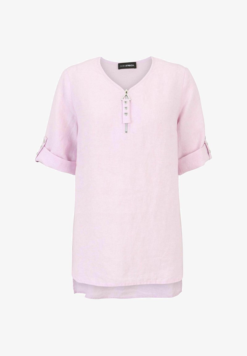 Helles rosa Leinen-Tunika mit V-Ausschnitt, kurzen aufgerollten Ärmeln, dekorativem Reißverschluss und Knopfdetails am Ausschnitt. Glatte Textur.