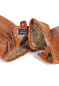 Gants en cuir marron avec une doublure douce et duveteuse. Caractéristiques d'un design froncé au niveau du poignet et d'une étiquette de marque portant la mention "HOWARD LONDON."